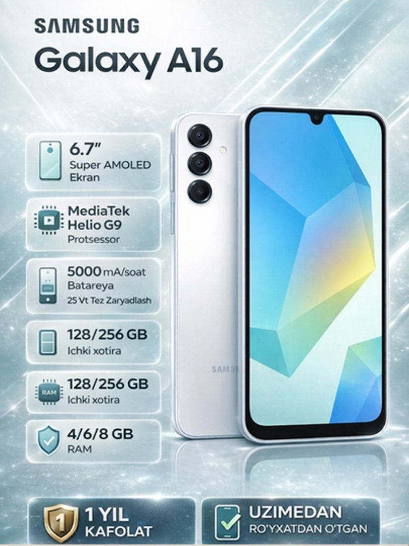 Samsung Galaxy A16 (A165) 4GB + 128GB Black — zamonaviy dizayn, ishonchli ishlash va katta xotirani taklif qiluvchi smartfon  16274