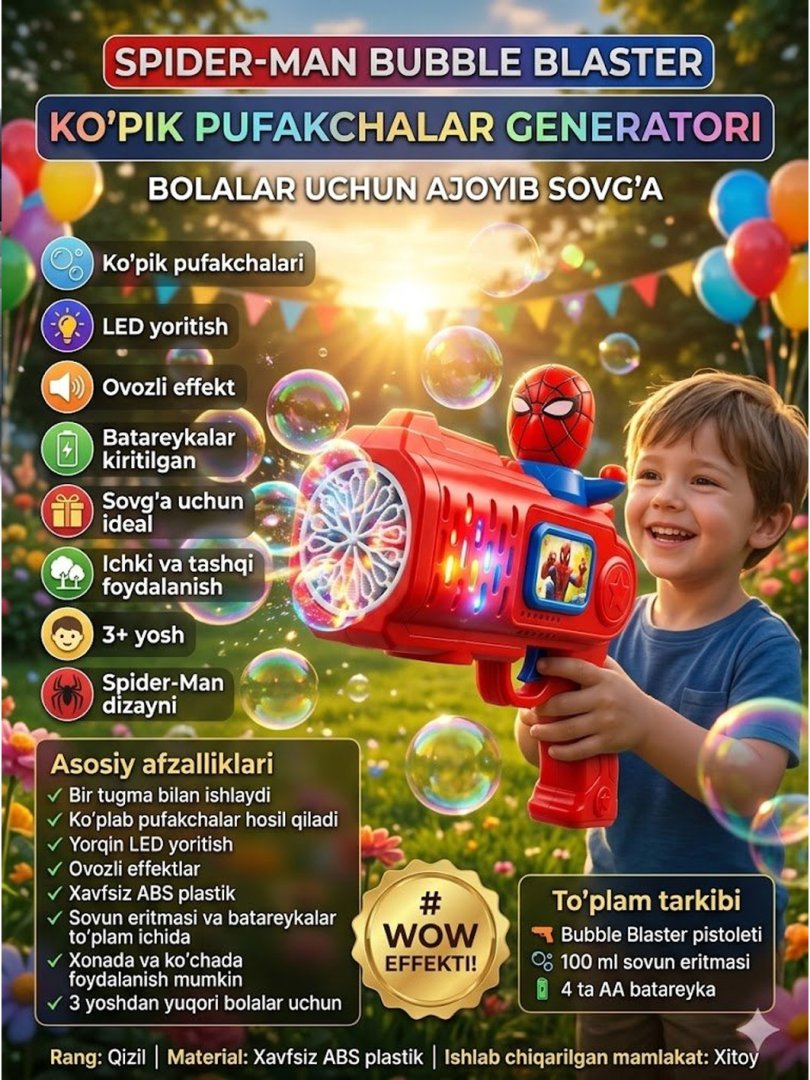 Ko'pik pufakchalar generatori — Spider-Man Bubble Blaster o'yinchoq pistoleti   14550