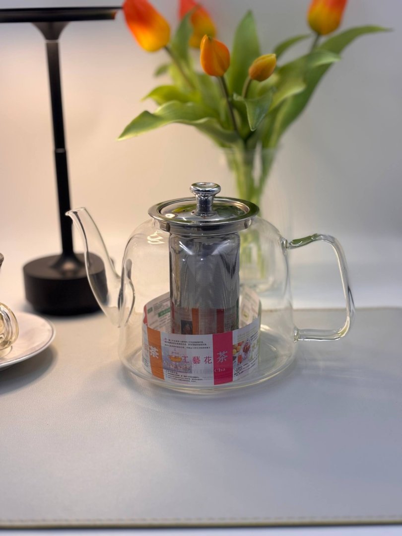 Shaffof shisha choynak metall süzgich bilan — choy damlash uchun, 1.2 litr