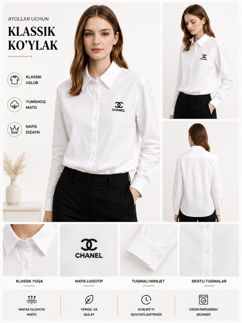 Ayollar uchun oq rangli klassik ko'ylak   b6q97d     19548