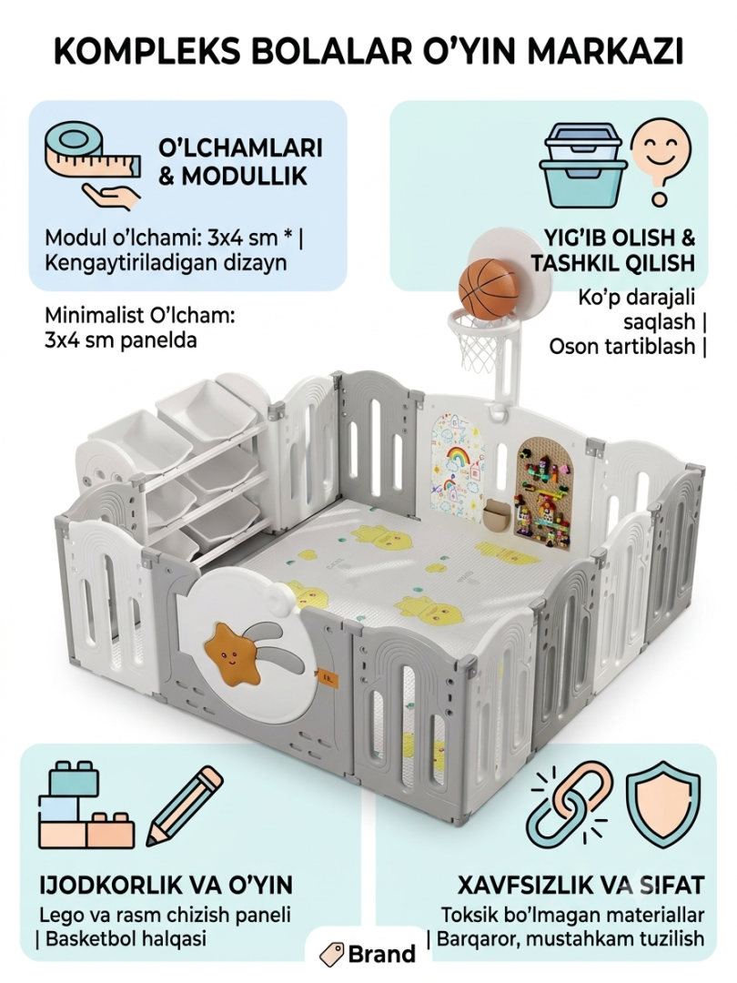 Bolalar Uchun Katlanadigan Etajerka va Basketbol Halqali Xavfsiz Manej (Kod: XXWL-004, 160x160 sm, Kulrang va Oq)  18942  c.2q.23d