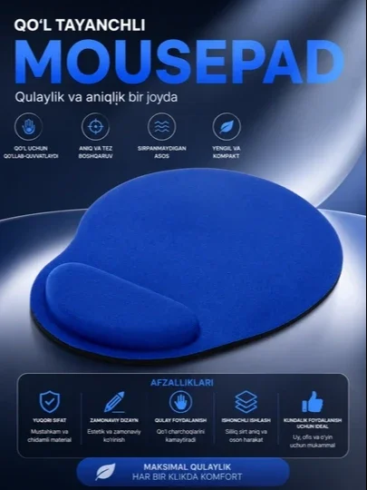 Sichqoncha uchun ergonomik gilamcha | Bilak ostiga gel tagligi bilan | Qulaylik va aniqlik