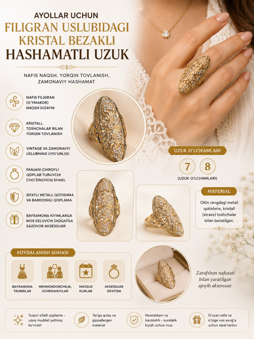 Ayollar uchun filigran uslubidagi kristal bezakli hashamatli uzuk  rd   18443