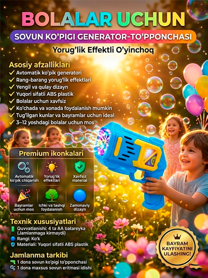 Bolalar uchun sovun koʻpigi generator-toʻpponchasi, yorugʻlik effektli oʻyinchoq  14551