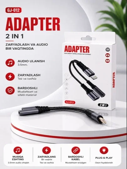 GJ-012 2 ta 1 ta Lightning adapteri, audio va quvvatlash adapteri