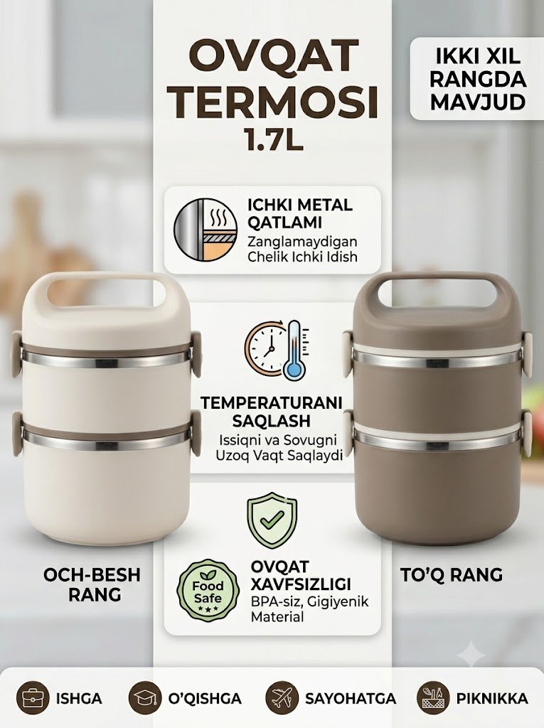 Ovqat uchun 2 qavatli metall idishli termos (1.7 litr) 18146 c.2q.23d