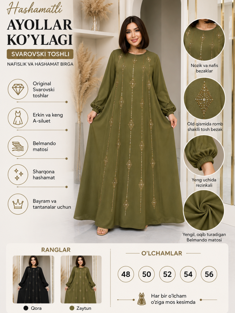 Hashamatli ayollar ko'ylagi — Svarovski toshli uzun kaftan  b3b7q529d  18250