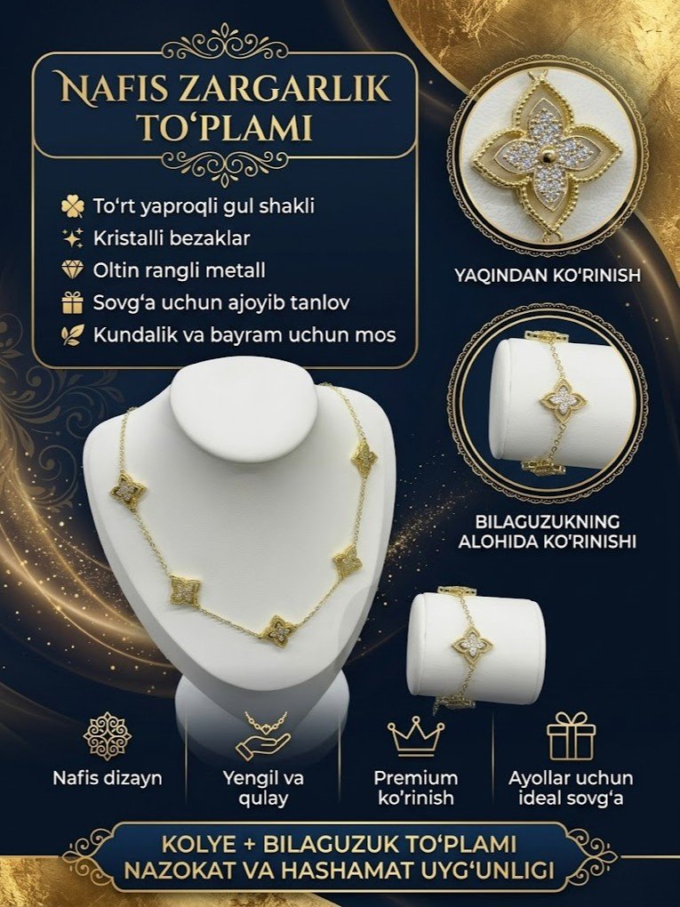 Oltin rangli gullar (klever) shaklidagi zargarlik to'plami — bo'yinga taqiladigan zanjir (kolye) va bilaguzuk, kristalli (strass) bezaklar bilan   16973