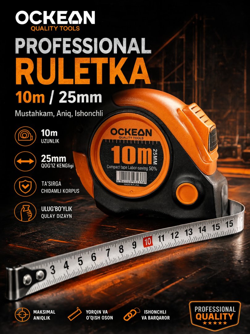 OCKEAN 10 metrli professional o‘lchov lentasi (Ruletka) - Qora-Sariq dizayn, 25 mm