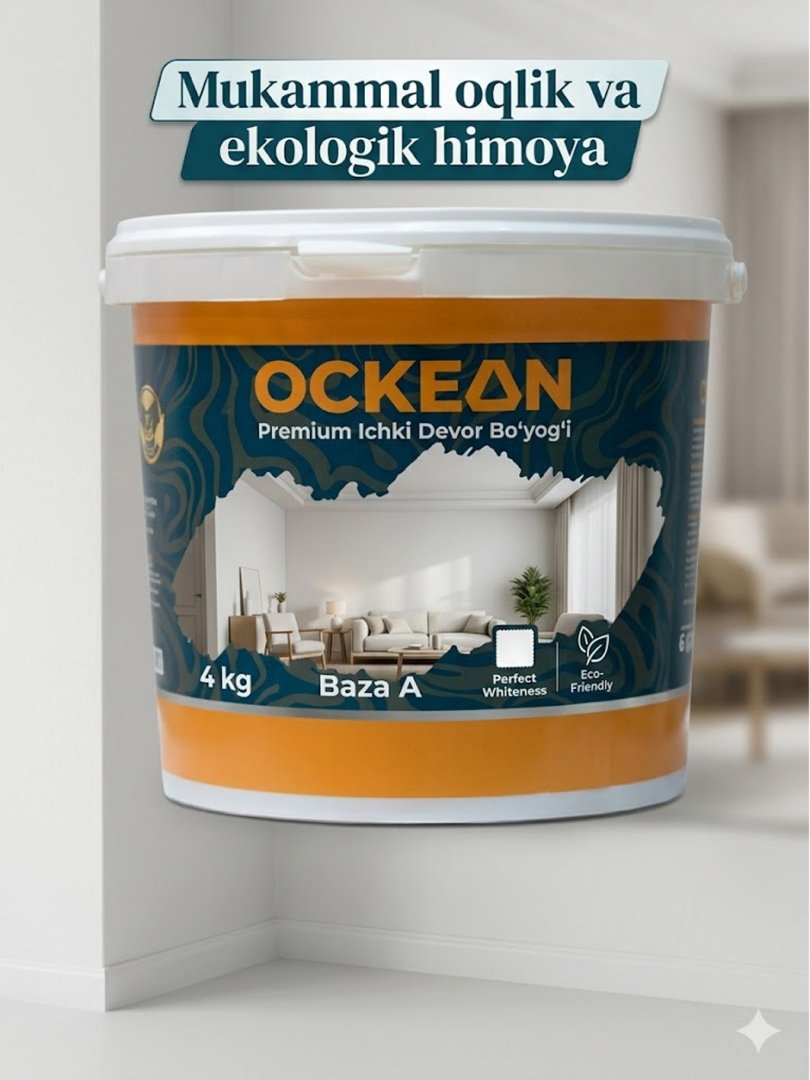 Ockean Premium Ichki Devor Bo‘yog‘i (Baza A, 4 kg) – Interyer va shiftlar uchun mukammal oqlik va ekologik himoya  15766