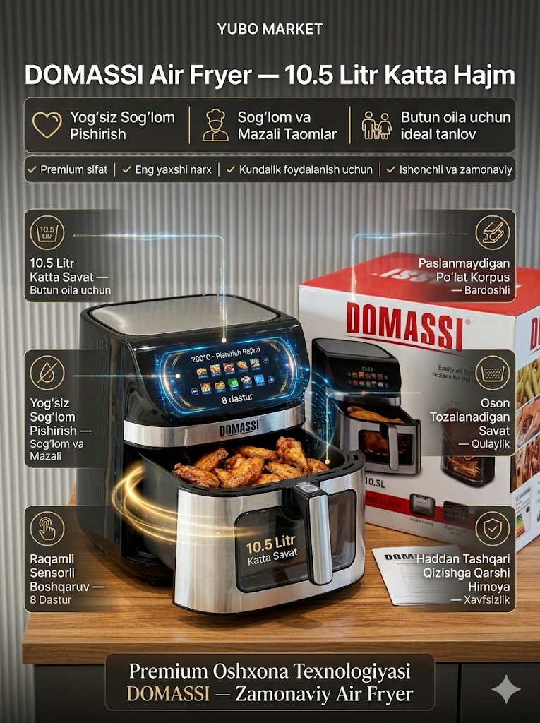 DOMASSI DM-5000 AF — 10.5 Litrli Havo Fritüürü va Aerogril  DOMASSI DM-5000 AF — 10.5 Литрли Ҳаво Фритюри ва Аэрогрил C1Q47D