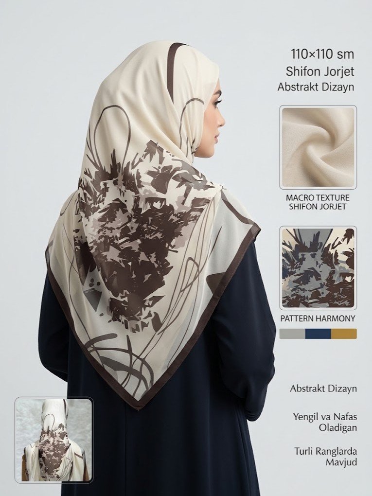Abstrakt naqshli hijob ro'mol - Shifon jorjet, 110x110 sm   adq9d  17388
