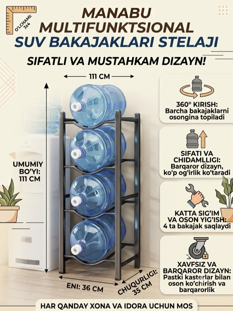 Suv idishlari uchun 5 qavatli metall etajerka/stellaj (19 litrli baklashkalar uchun) — qora rangda   18784   c.2q.23d
