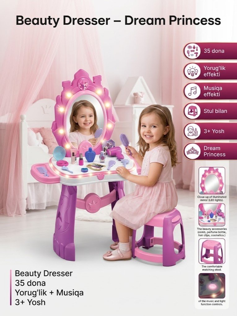 "Beauty Dresser" qizlar uchun go'zallik stoli - 35 dona, Dream Princess seriyasi   g103d  17425