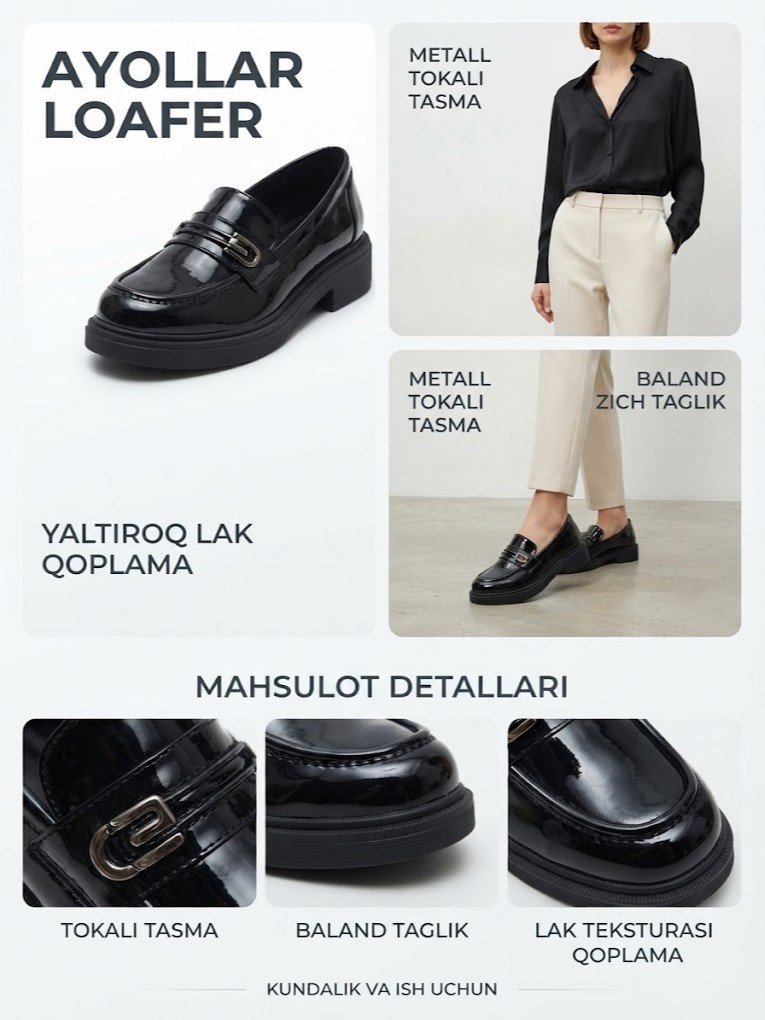 Ayollar laklangan loafer tufli — metall tokali, baland taglikli   19731