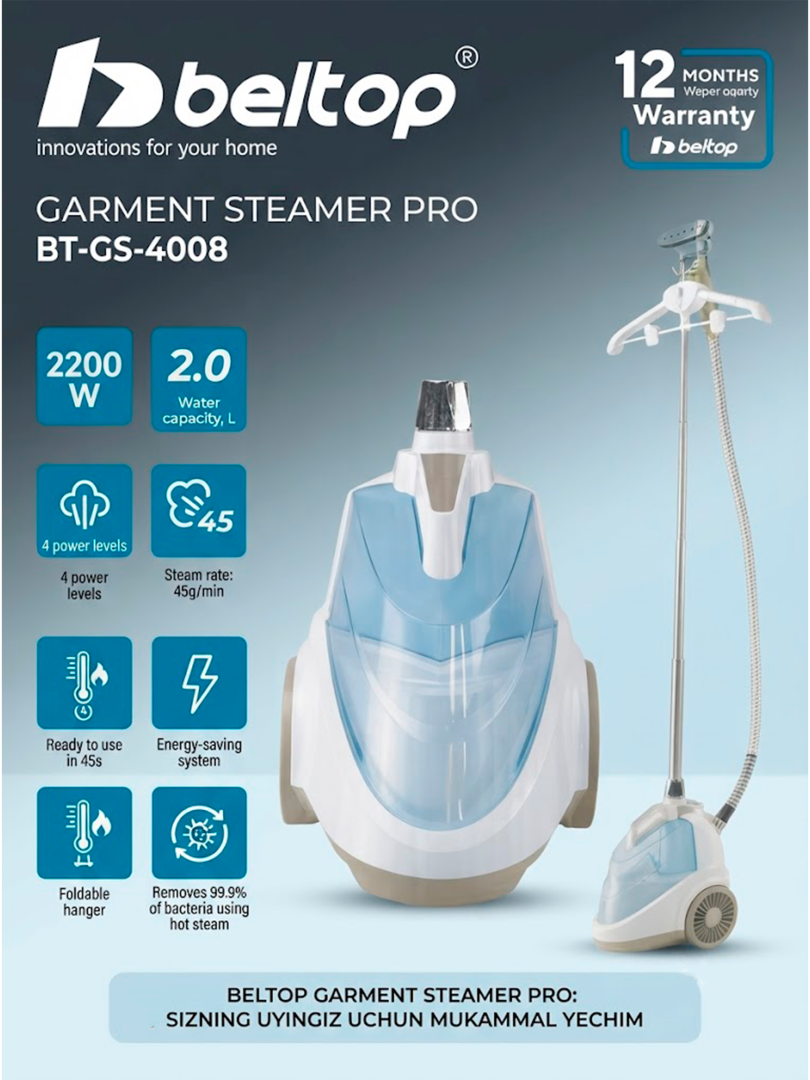 Beltop Garment Steamer Pro BT-GS-4008 — Uyingiz uchun mukammal bug‘li dazmol!   17086