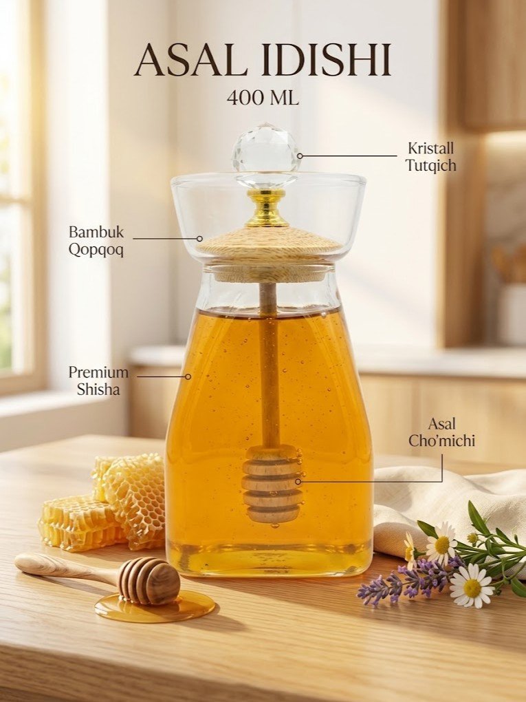 Shisha asal idishi (banki) — kristall dastali qopqoq va asal cho'michli, 400 ml  c1q707d 17550