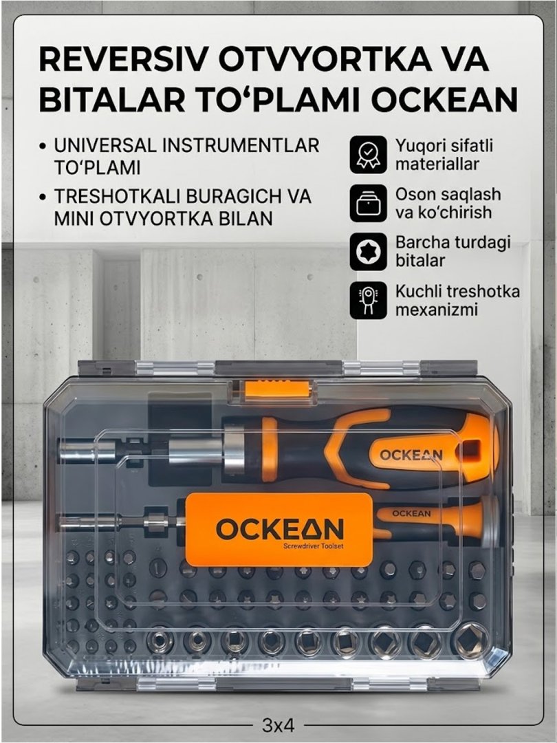 Reversiv otvyortka va bitalar toʻplami OCKEAN — treshotkali buragich va mini otvyortka bilan universal instrumentlar toʻplami   15834