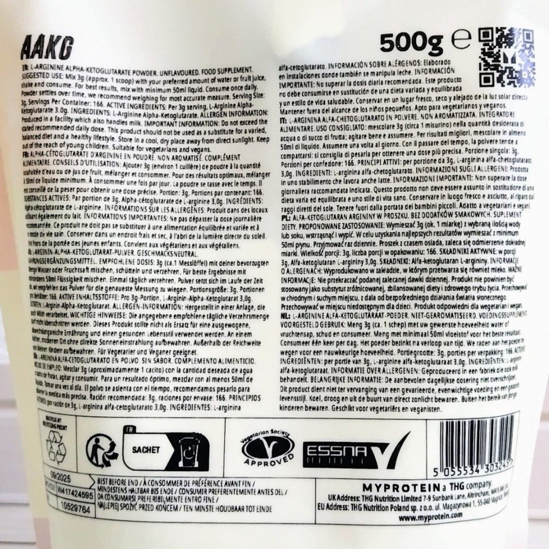 Myprotein AAKG (Arginine Alpha-Ketoglutarate) — Arginin alfa-ketoglutarat kukuni (Unflavoured / Ta'msiz), 3.0g porsiyali kukunli doza  18917