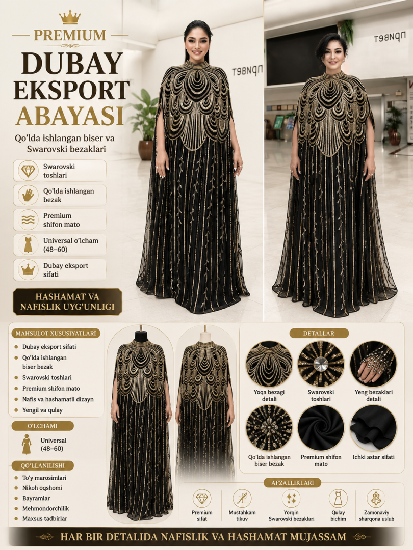 Eksklyuziv biserli va Swarovski toshli abaya (Dubay eksport varianti)   b72d