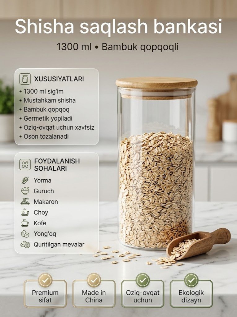 Dumaloq shisha banka — bambuk qopqoqli, 1300 ml (o'lchami 9.5*20 sm)      c1q707d  17616
