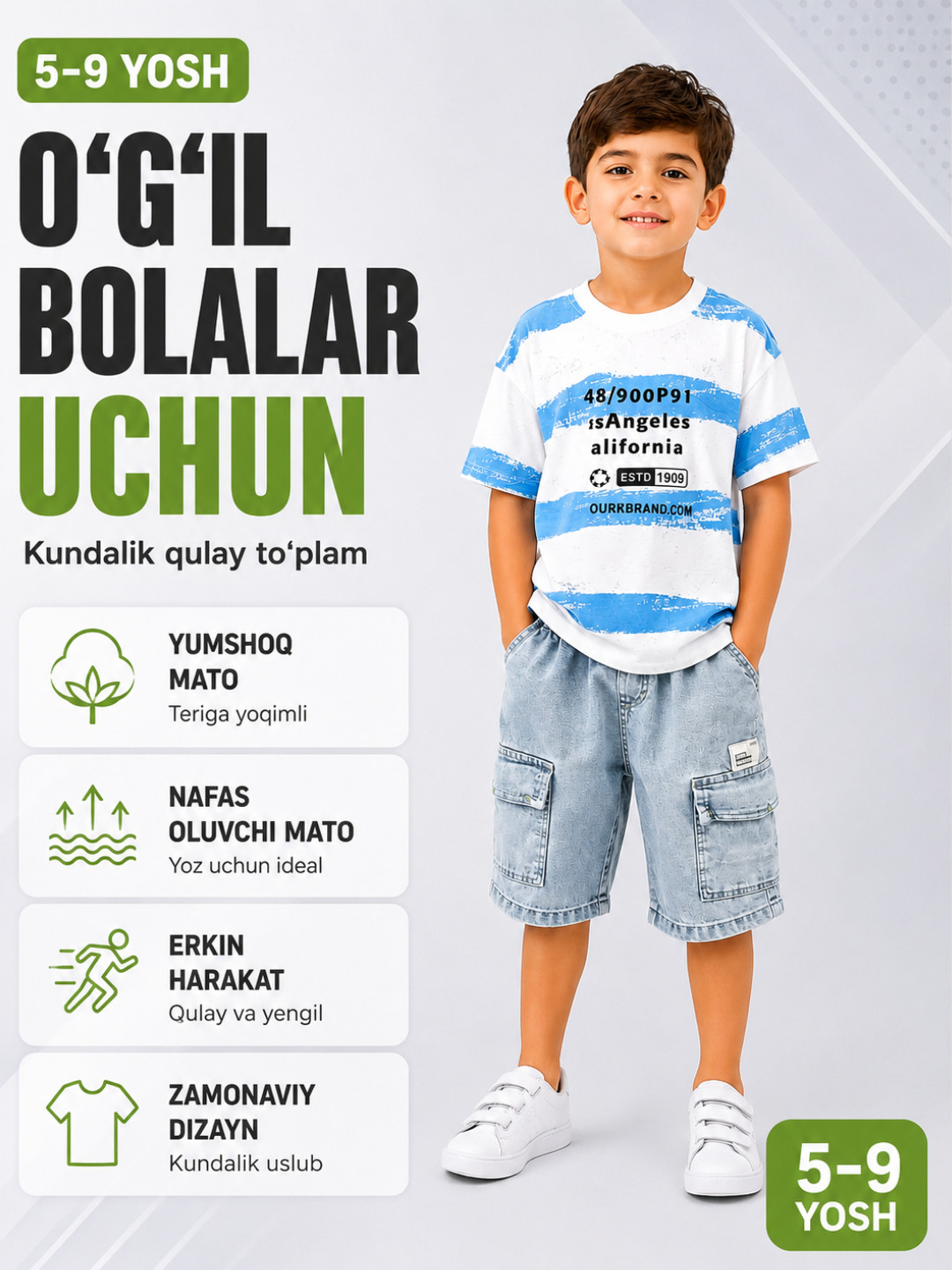 O‘g‘il bolalar uchun yozgi denim shortikli to‘plam 5–9 yosh