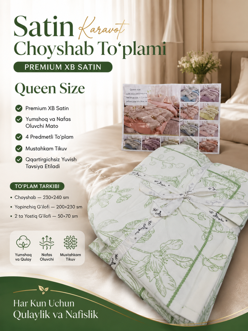 Satin karavot choyshab to'plami — Queen size (4 predmetli yotoq jihozi to'plami)     a5aq13d   17304
