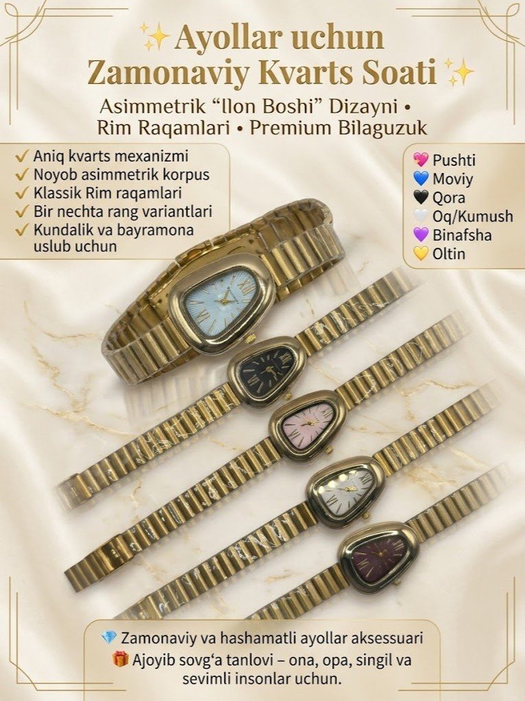 Ayollar uchun zamonaviy kvarts soat, Asimmetrik "Ilon boshi" (Snake-head) Sifat, Rim Raqamlari Bilan    17055