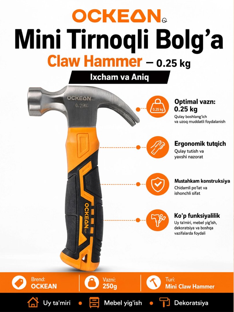Ockean Mini Tirnoqli Bolg‘a (Claw Hammer) – 0.25 kg – Ixcham va Aniq  15136