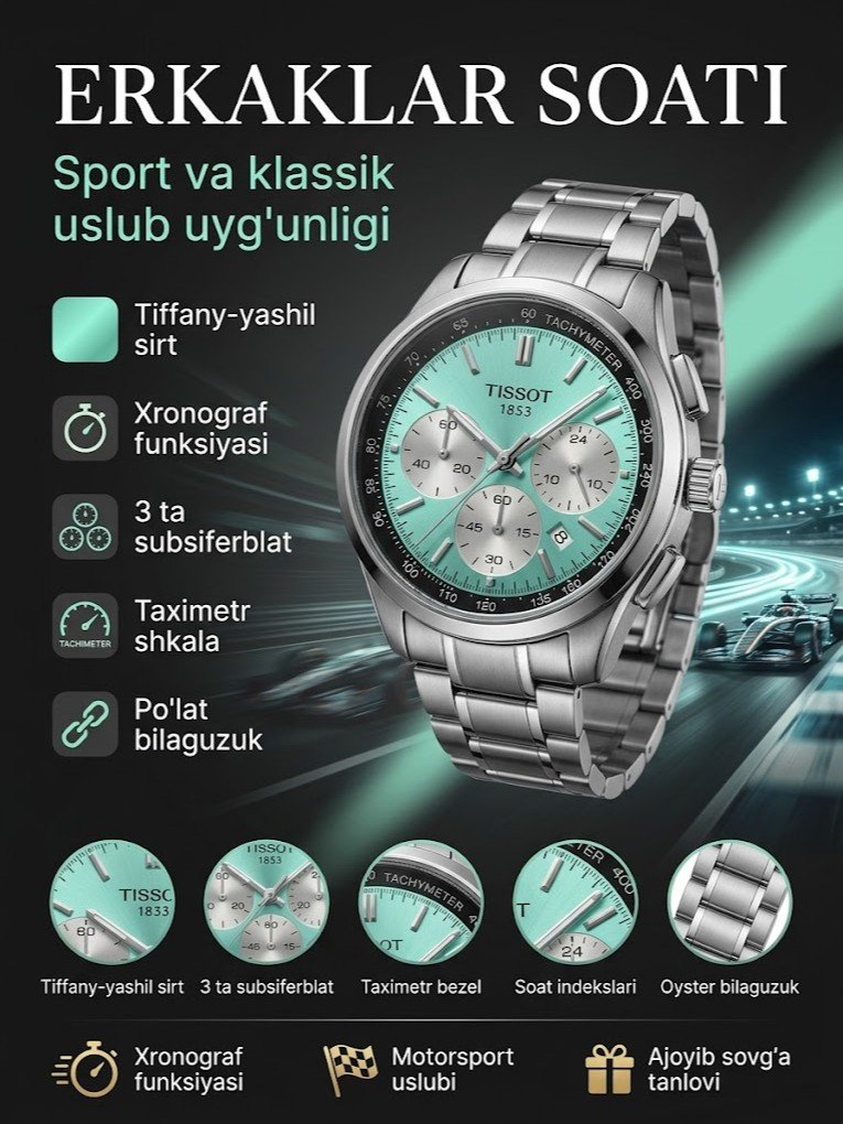Erkaklar soati — kumush rangli po'lat korpus, tiffany-yashil (mint) sirt, 3 ta subsiferblat (xronograf), taximetr shkalali bezel, sport-klassik dizayn   16951