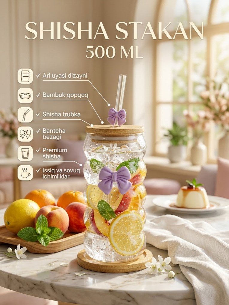 Shisha stakan — bantcha (bow) dizaynli, bambuk qopqoq va trubkali, ari uyasi shaklida, 500 ml    c1q707d  17561