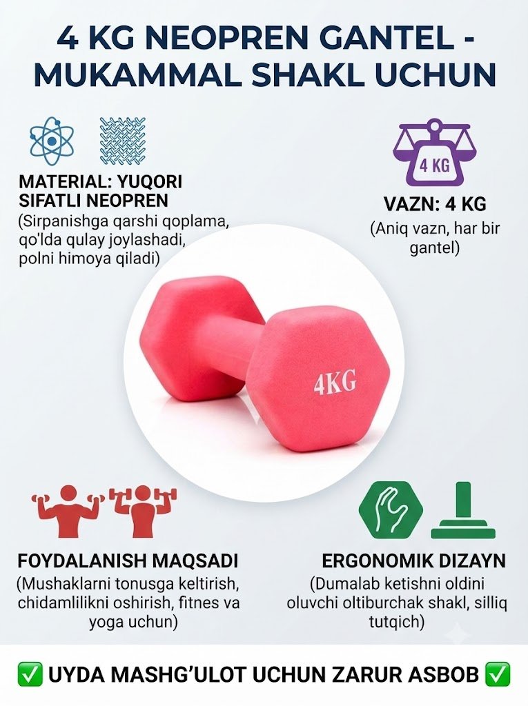 Professional 4 kg Neopren Gantellar – Fitnes, Yoga va Aerobika uchun  16925