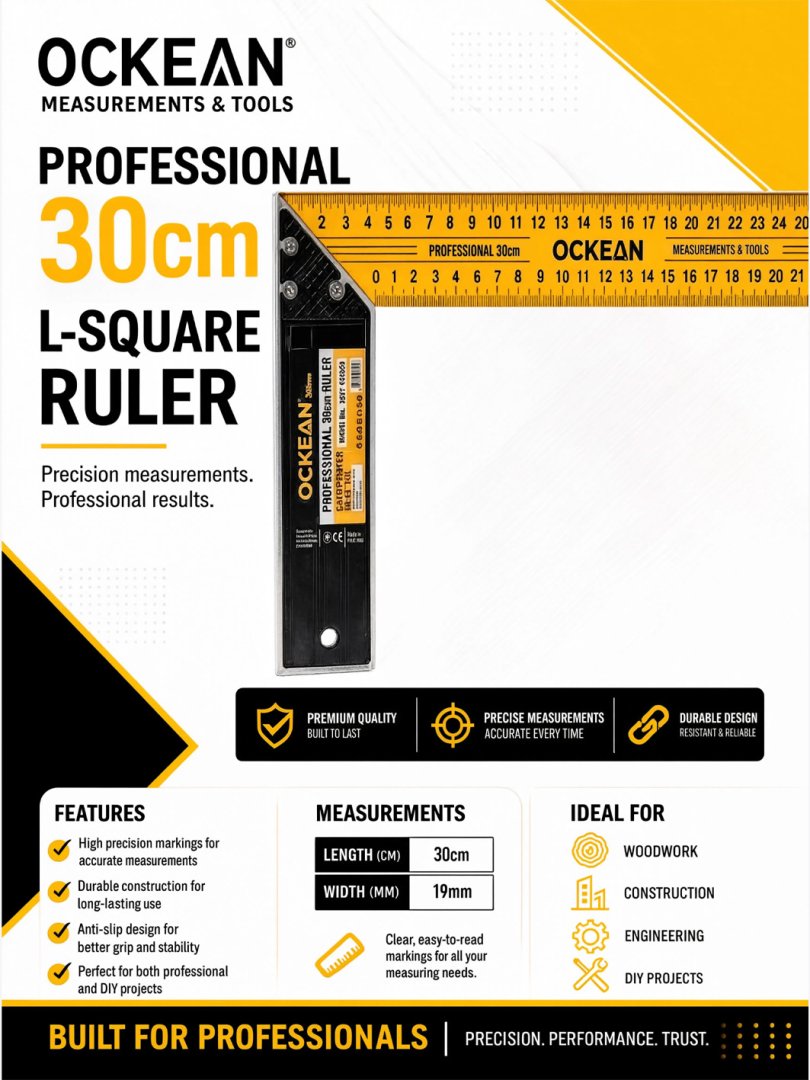 OCKEAN Professional 25 sm Duradgorlik Burchakli Chizg‘ichi (Sariq)  15416