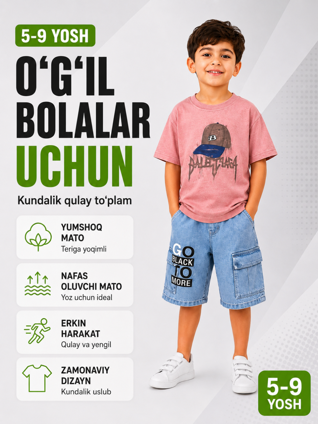 O‘g‘il bolalar uchun yozgi denim shortikli to‘plam 5–9 yosh