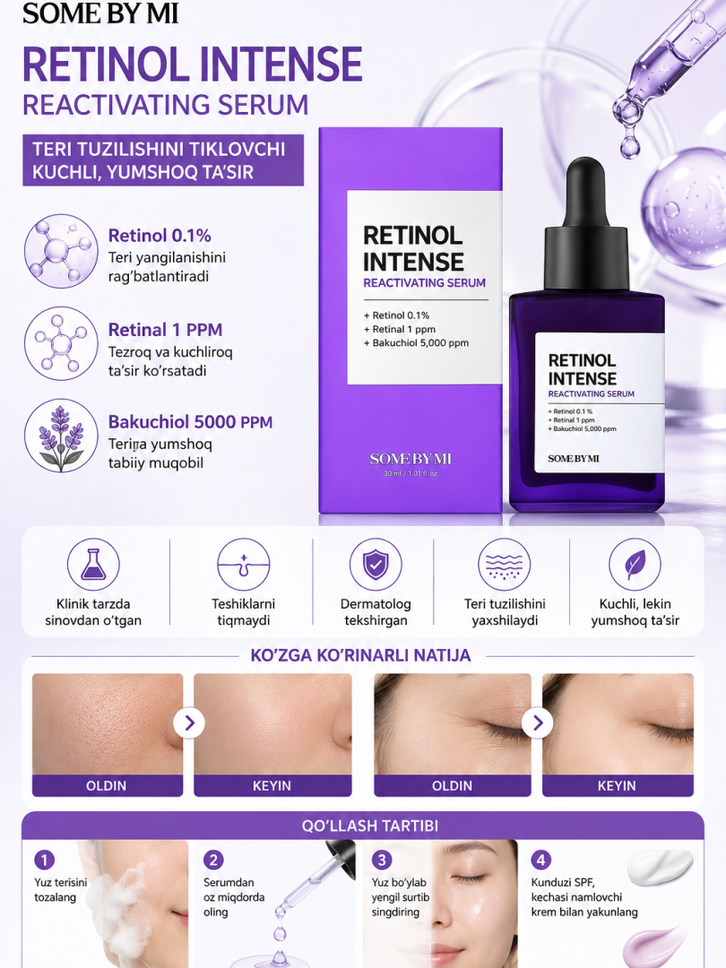 SOME BY MI Retinol Intense Reactivating Serum — teri tuzilishini tiklovchi serum, Retinol 0.1%, Retinal 1 PPM, Bakuchiol 5000 PPM, 30 ml   16902