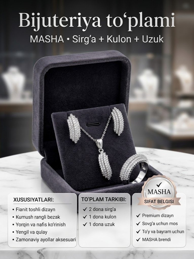 Bijuteriya to'plami — sirg'a, kulon va uzuk, "MASHA" brendi, kumush rangli, toshli (fianit)   rd  17617