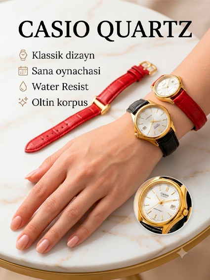 Casio Quartz soat — oltin korpus, charm qayish, sana oynachali, suv o'tkazmaydigan, qora va qizil rangli qayish, sovg'a qutisida  of14d 14869