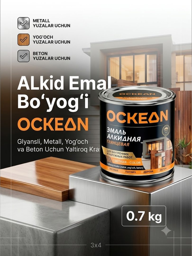Alkid emal boʻyogʻi OCKEAN glyansli, metall, yogʻoch va beton uchun yaltiroq kraska, 0.7 kg  15830