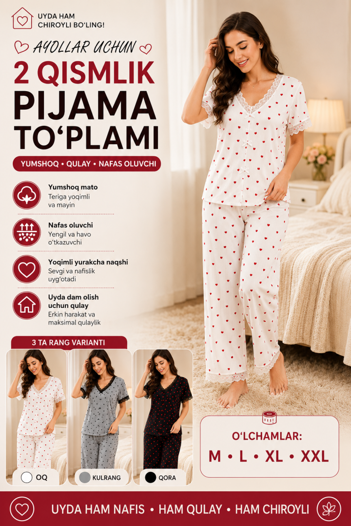 Ayollar uchun yurakcha naqshli pijama komplekti — uy kiyimi, rib mato, dantel bezak, 4 rangda  b205d  16422