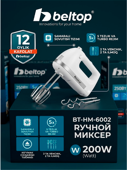 Beltop BT-HM-6002 qoʻl mikseri, 200 Vt, 5 tezlik va Turbo rejim, oq rang, 12 oylik kafolat   17106