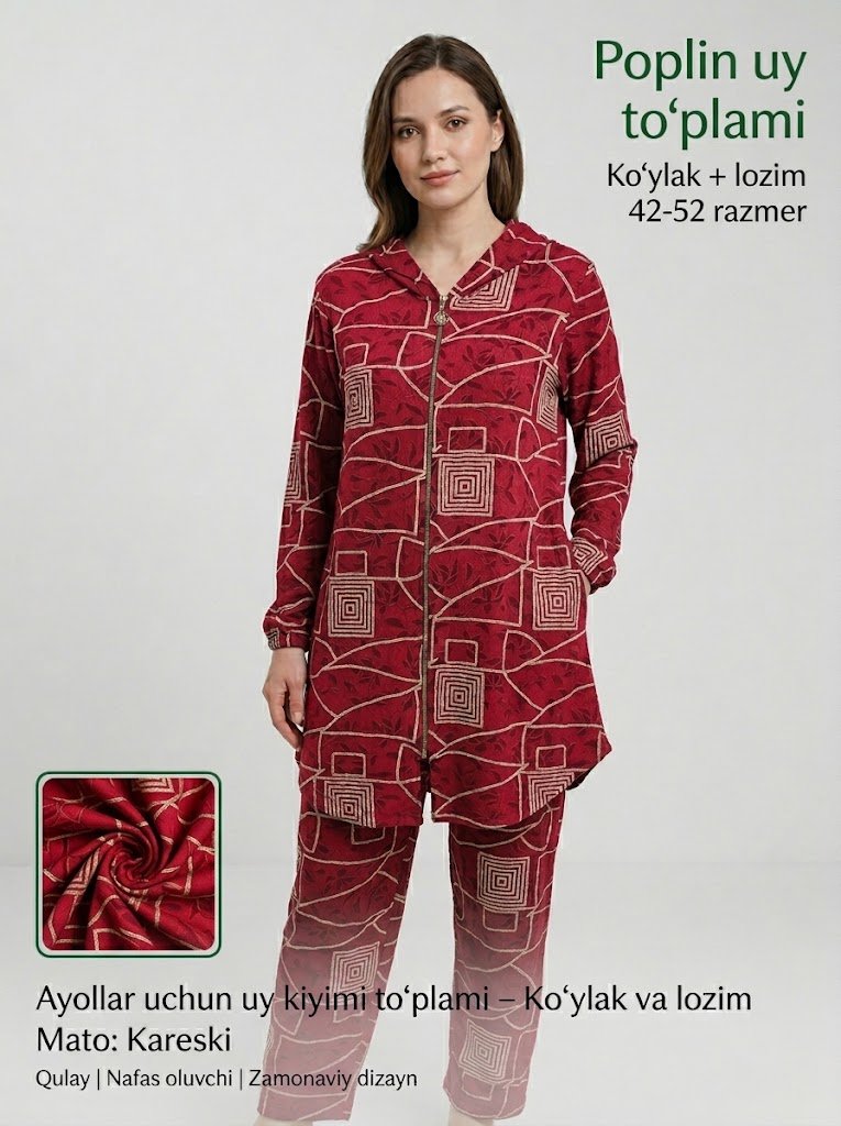 Ayollar uchun uy kiyimi to'plami – Ko'ylak va lozim, Kareski mato, Cho'ntakli, 56-razmergacha  15741
