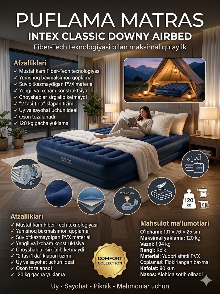 Intex 64756 Classic Downy Airbed Fiber-Tech — Puflama matras (76x191x25 sm)  14540