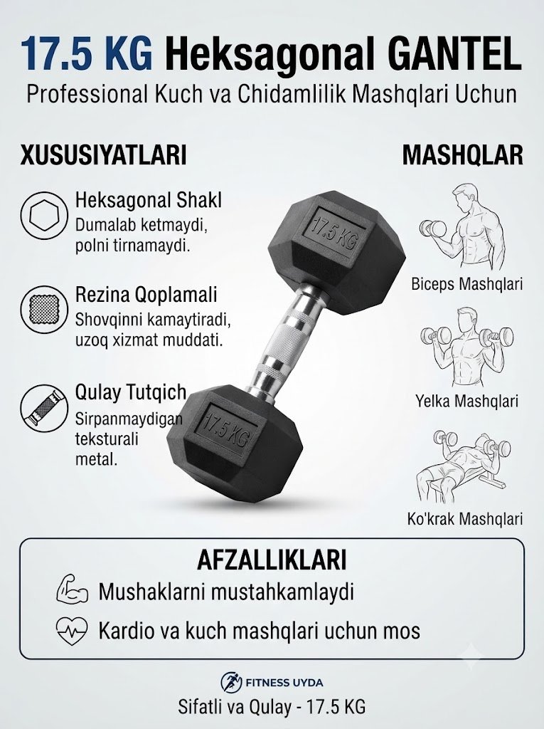 Professional Heksagonal Gantel 17.5 kg – Og‘ir atletika va intensiv kuch mashqlari uchun  16971