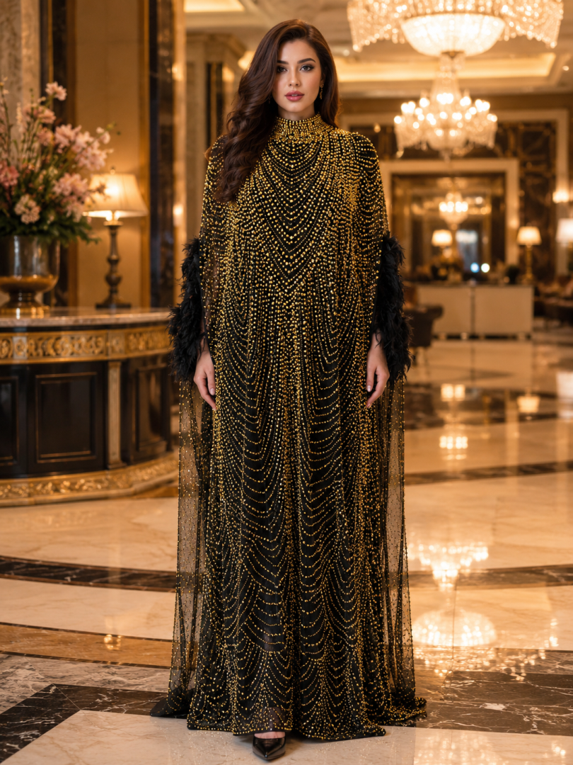 Eksklyuziv geometrik naqshli va biser bezakli abaya (Dubay eksport varianti)  b72d