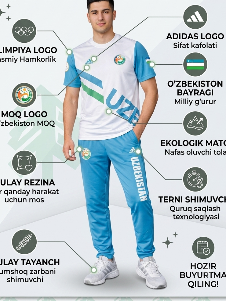 Erkaklar uchun O‘zbekiston sport formasi dvoyka (Futbolka va sportivka shim) | Milliy uslubdagi yozgi sport kostyumi (Made in China, Razmer: 48–58)   18869  b.0q.2b.703d