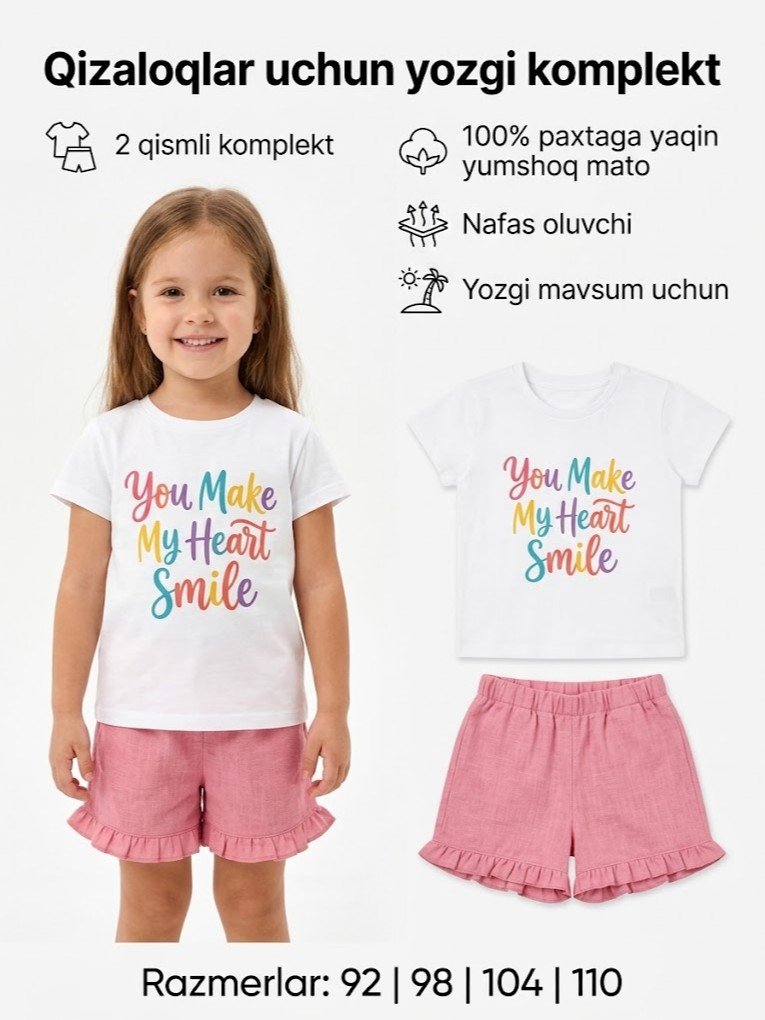 "You Make My Heart Smile" yozuvli yozgi 2 qismli qizaloqlar komplekti  18087