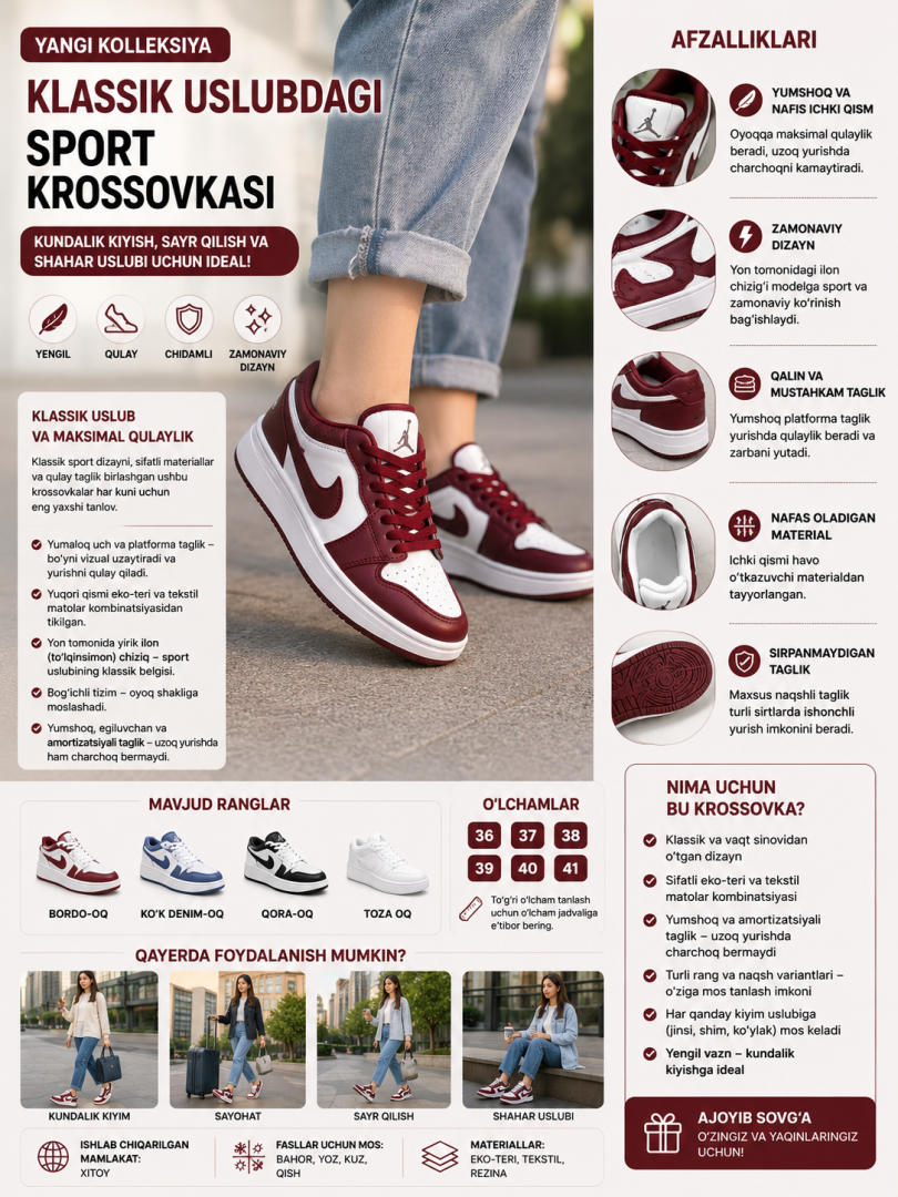 Yangi kolleksiya — klassik uslubdagi past taglikli sport krossovkasi   18407