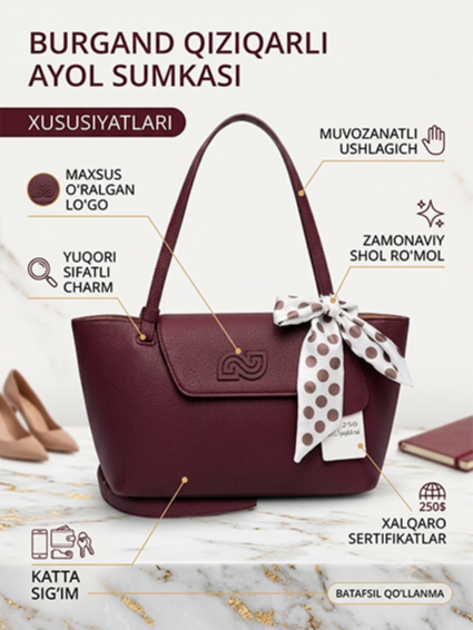 Ayollar uchun nafis va zamonaviy "Tote" qo‘l sumkasi – Nafis sharf bilan bezatilgan premium model (Art: 1250)  17940  ac.1e.f10d