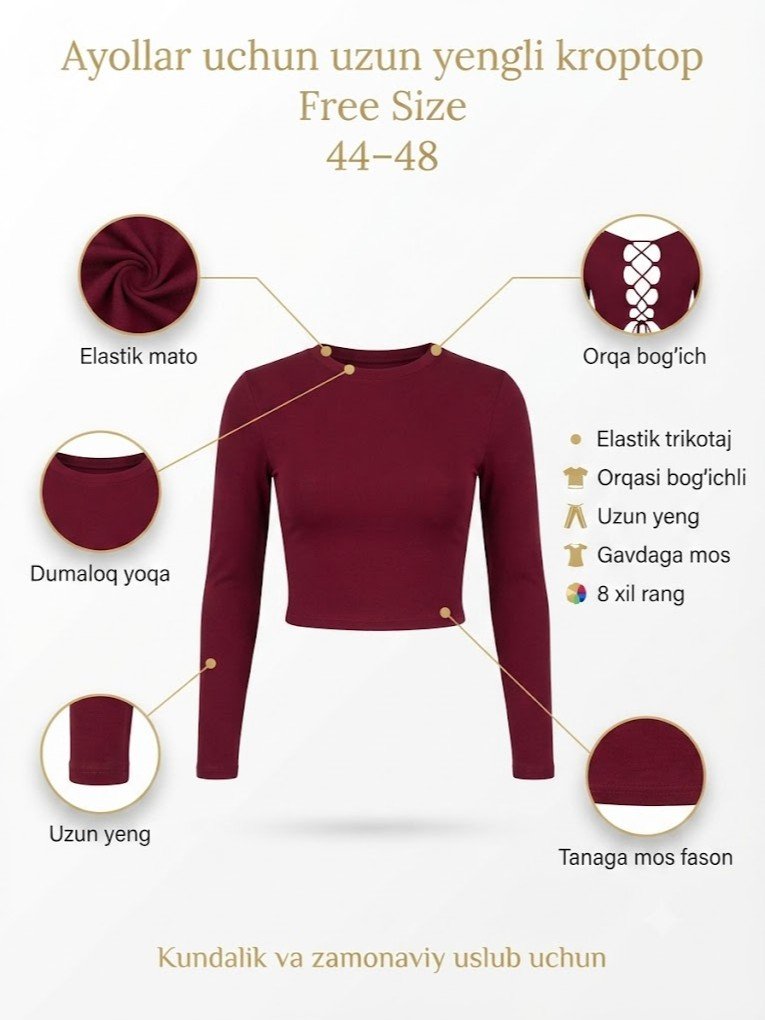 Ayollar uchun uzun yengli kroptop — bog'ichli model    b8q2b267d