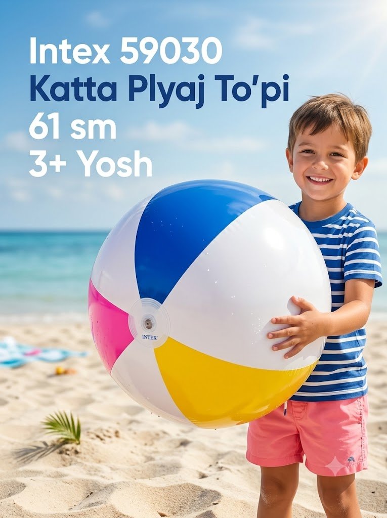 Intex 59030 Plyaj to'pi 61 sm — Katta nafas oldiradigan to'p, 3 yoshdan  14609